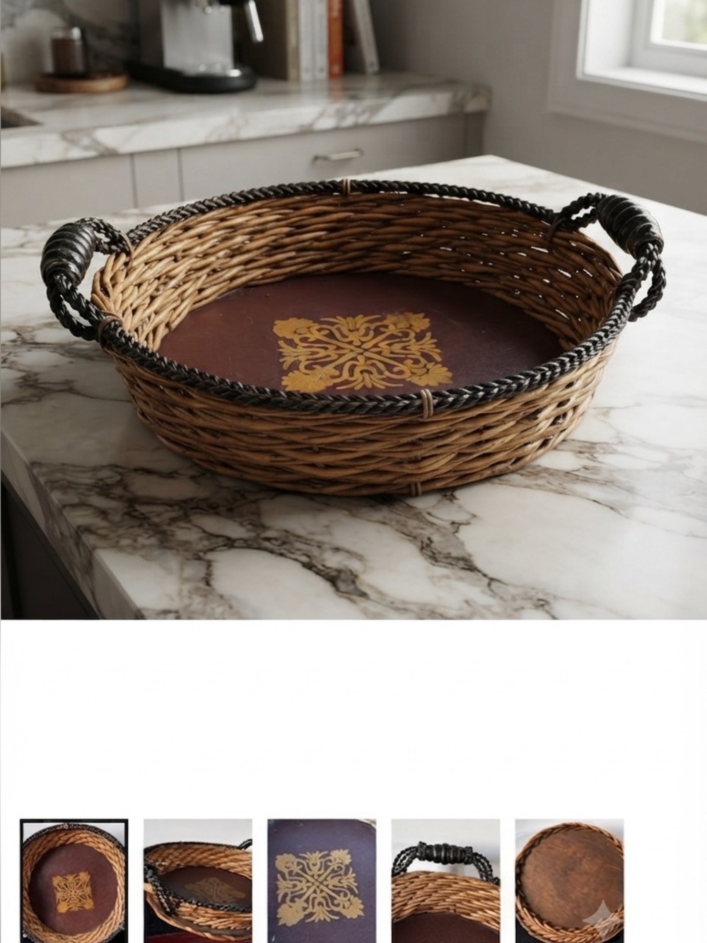 Vintage Decorative Woven Basket with metal and wood Handles. Hand painted